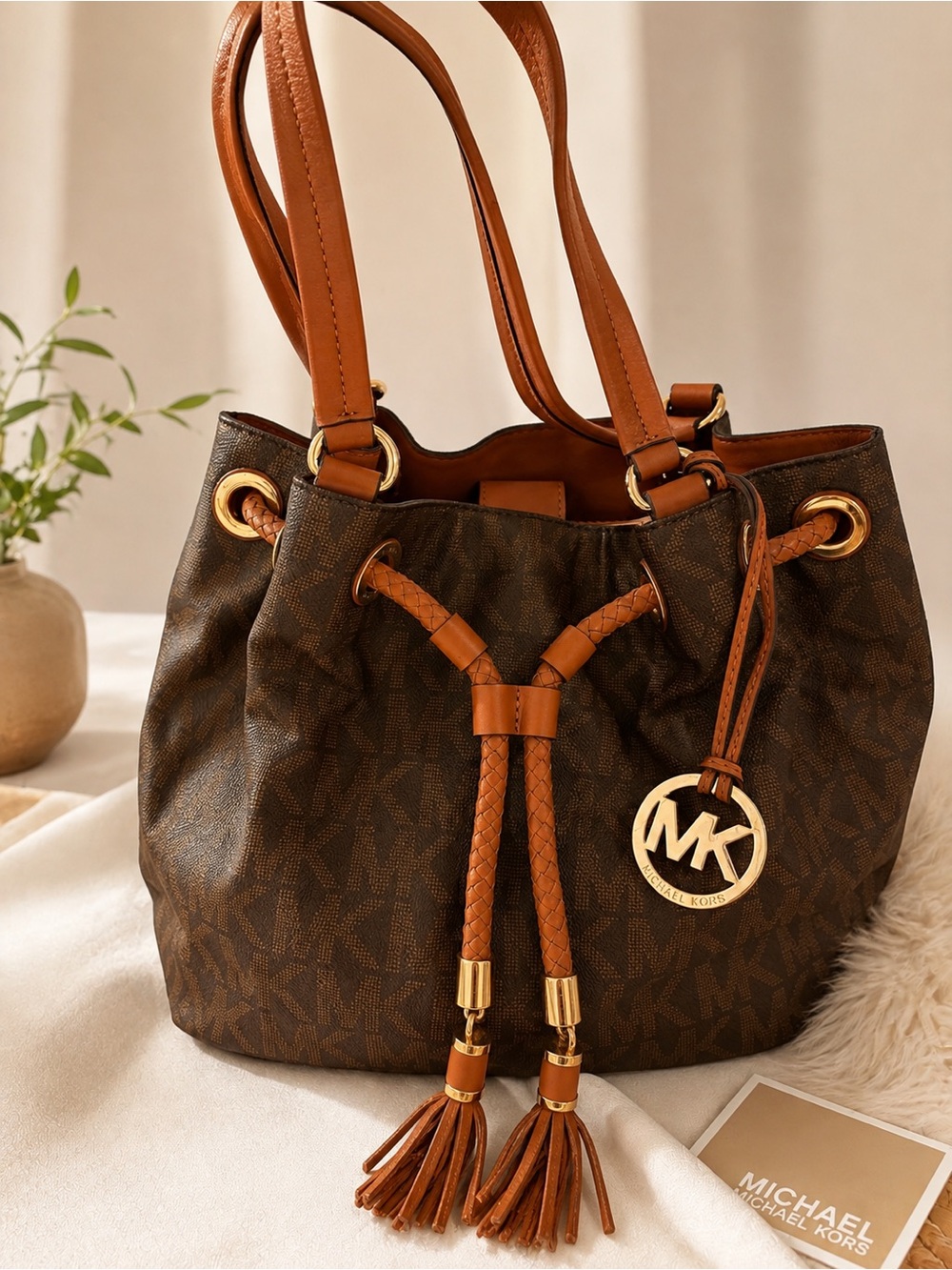 Michael Kors Dark Brown & Tan Drawstring Logo Shoulder Bag